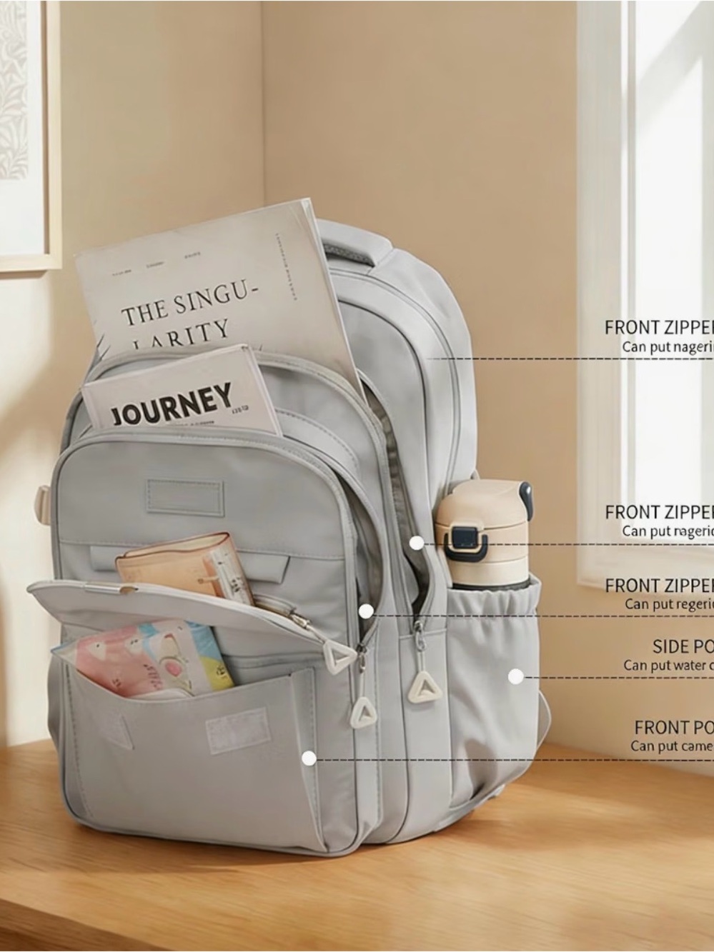 Cute Aesthetic Kawaii Backpack for Teen Girls School, Gray